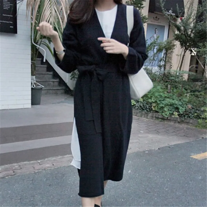 black Autumn Winter Women's Cardigan Simple Belt Female New Fashion Long Coat Loose Type Wool Knitted Cardigan Female Outwear - Цвет: black