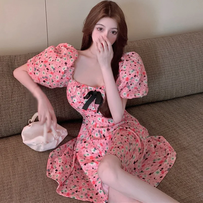 

High Quality Summer Women Retro Bubble Short Sleeve Dress Patchwork Sweet Square Neck Bow-knot Mini Dresses