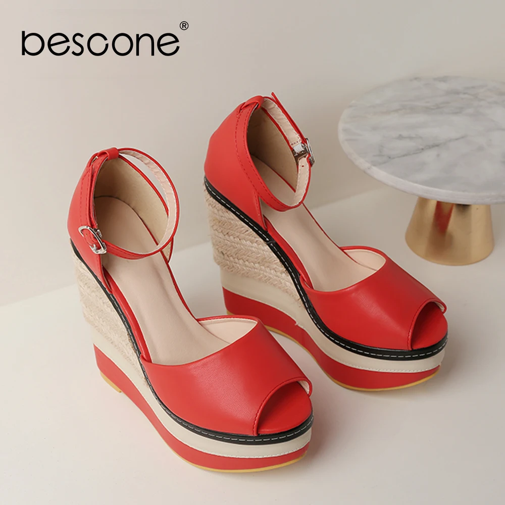 Женские босоножки на танкетке BESCONE стильные сандалии с открытым носком очень