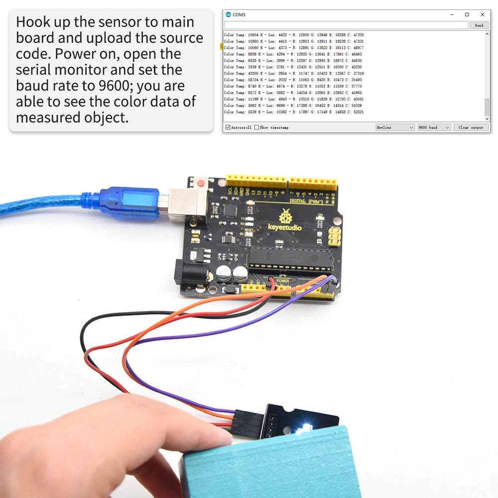 

Keyestudio TCS34725 Color Sensor Communicate With Other Controllers via I2C Communication Interface