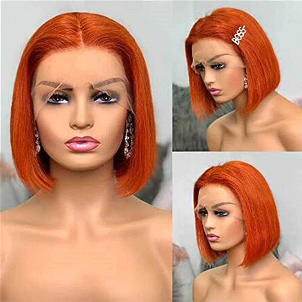 Short Bob Wigs Orange Color Straight Bob Cut Synthetic Lace Wigs with Baby Hair Glueless Synthetic  Synthetic Lace Front Wigs