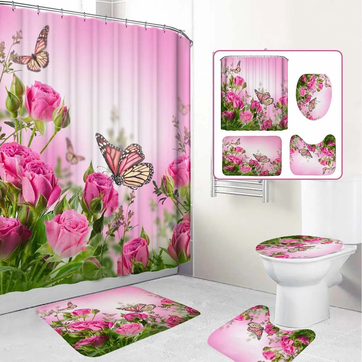 

Pink Rose Flower Butterfly Printed Shower Curtains Bathroom Curtain Bathroom Set Toilet Seat Cover Rugs Non-slip Bath Mat Luxury