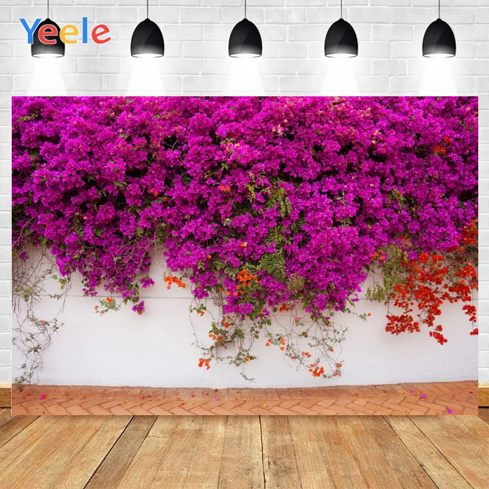 Yeele Белая стена кирпичный пол яркие фиолетовые и оранжевые цветы красота фон