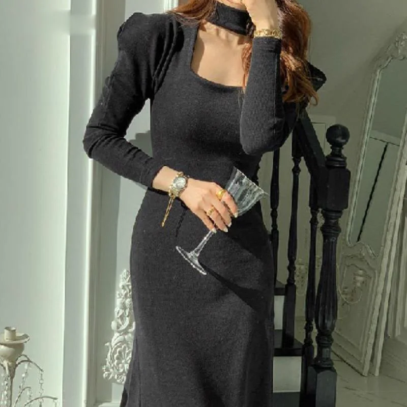 

Square Collar Clavicle Exposed Sexy Dress Women High Waist Hip Bodycon Vestido Side Split Design Temperament Robe Spring