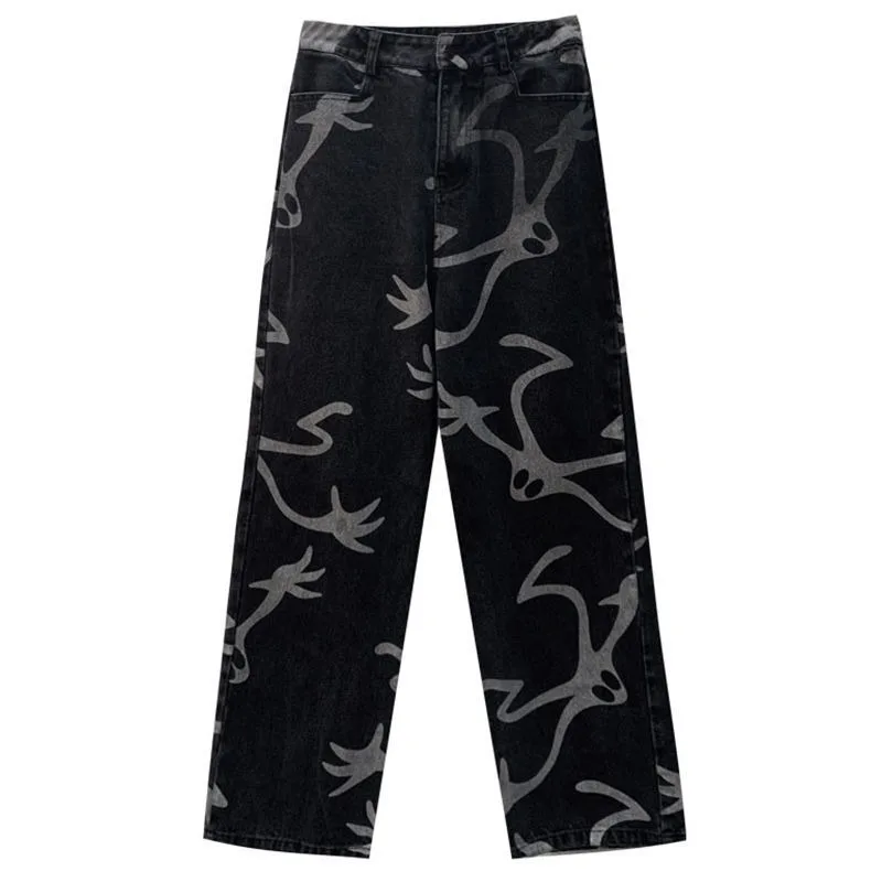 

KOSAHIKI 2021 Fashion Print Wide Leg Pants Women High Waist Loose Casual Trousers Streetwear Japanese Spring Denim Jeans 11a332