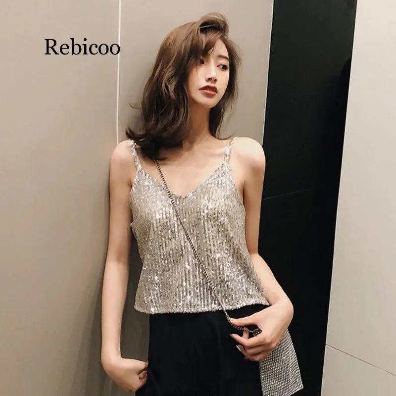 Новинка Женский пикантный Блестящий Свободный Топ без рукавов с V образным