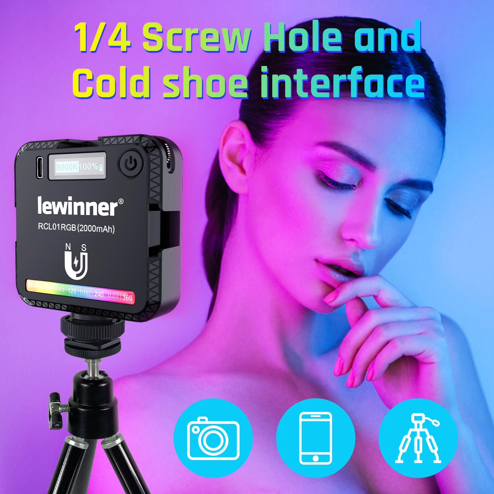

Lewinner RCL01 Mini RGB LED Video Light Photography Fill Light with Cold Shoe Mounts for Live Photography LED Video Light