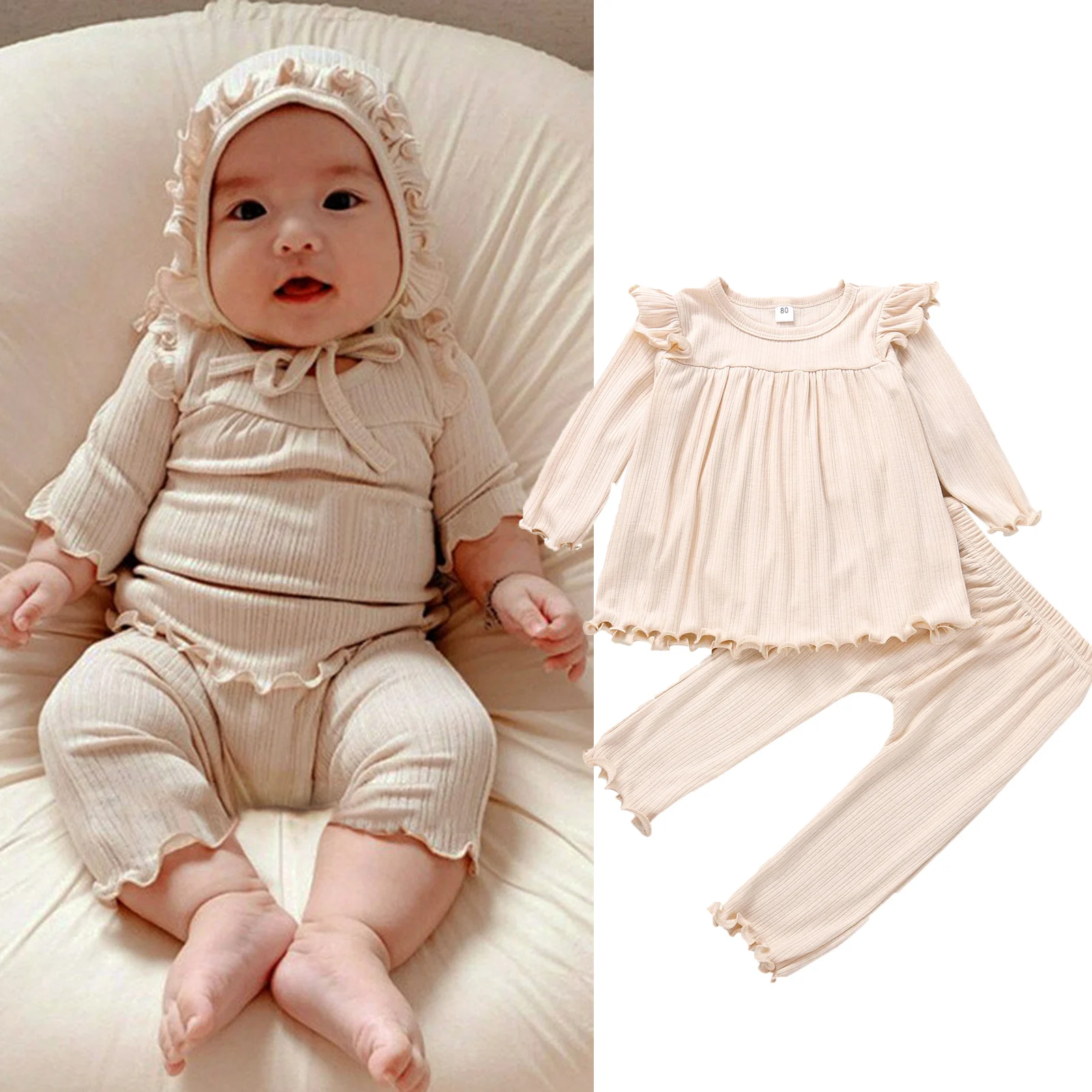 

2021 Autumn Baby Girls Casual Two-piece Clothes Set Solid Color Round Collar Fly Sleeve Pullover and Elastic Waist Pants Outfit