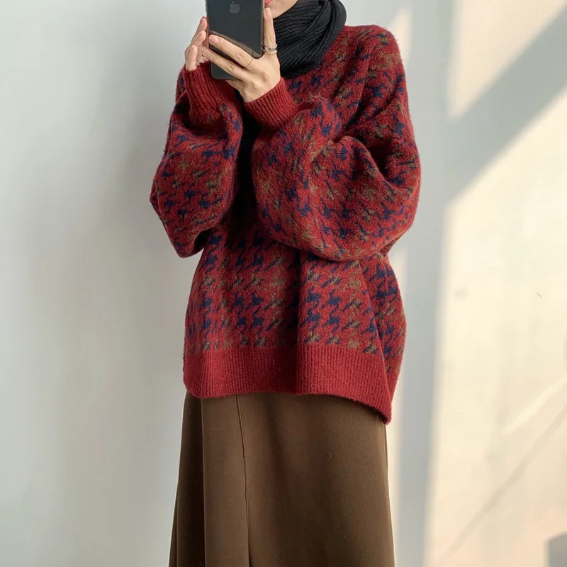 Женский винтажный свитер в клетку с рукавами-фонариками Свободный Вязаный топ