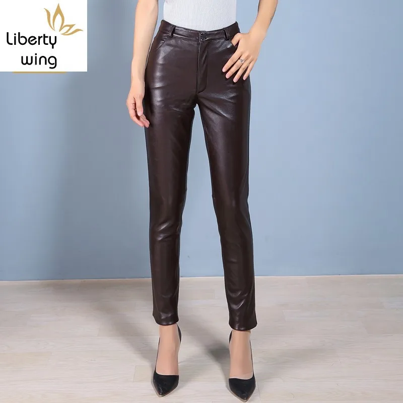 

Elegant Office Ladies Skinny High Waist Genuine Leather Women Trousers Slim Fit Full Length Pencil Pants Plus Size 4XL
