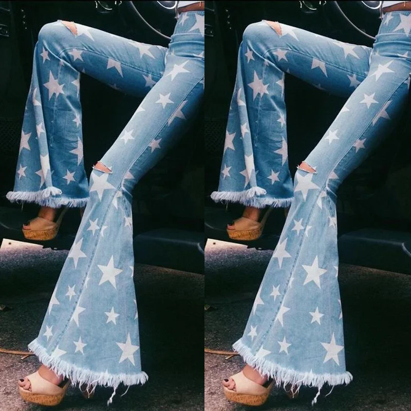 

Женские Модные узкие джинсы со звездами и принтом с кисточками, эластичные джинсы, пикантные винтажные расклешенные брюки