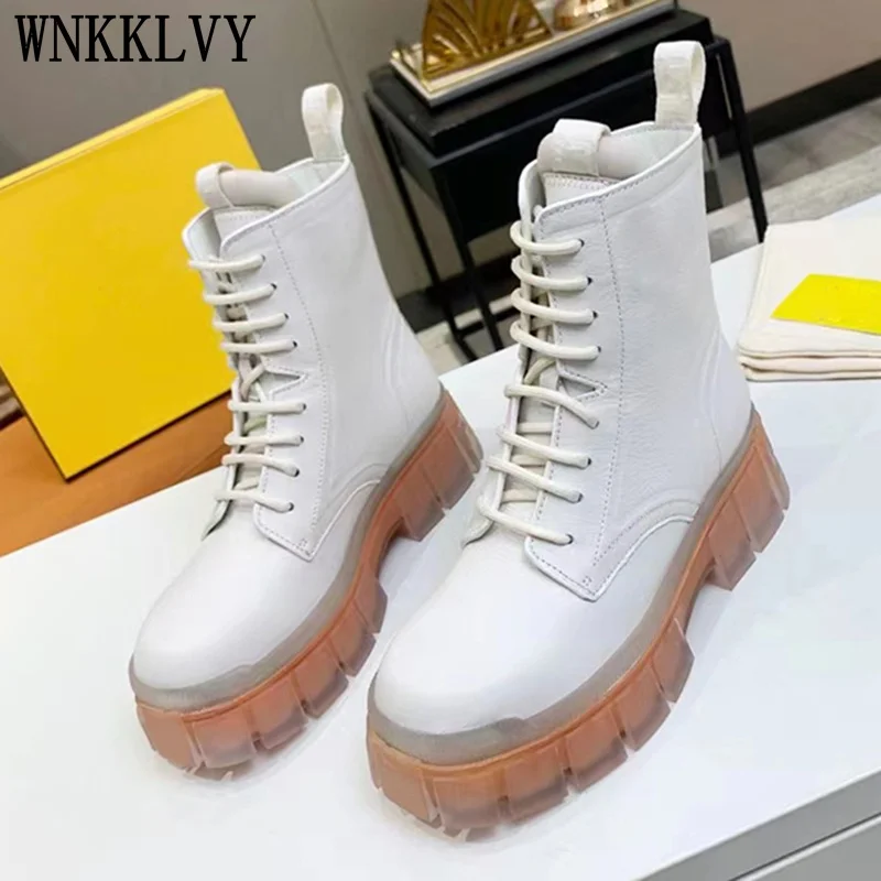

New Thick Sole ankle Boots Women Genuine Leather round toe lace up martin Boots Autumn winter fashion leisure Short Botas 2021