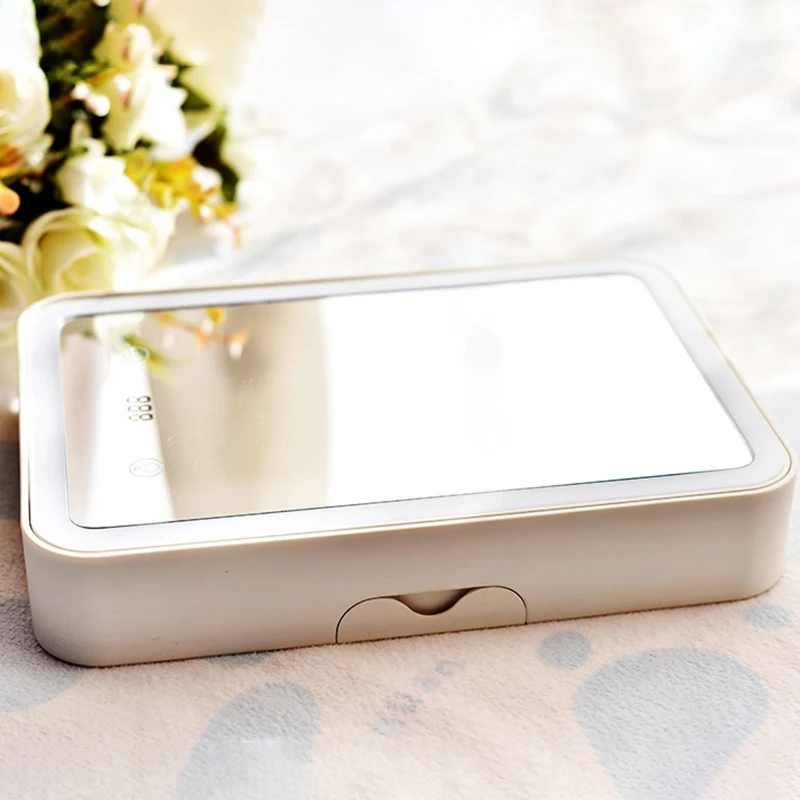 

Makeup Storage Box Flat Storage Vanity Mirror Jewelry Storage Box Smart LED Fill Light with Countdown Makeup Mirror