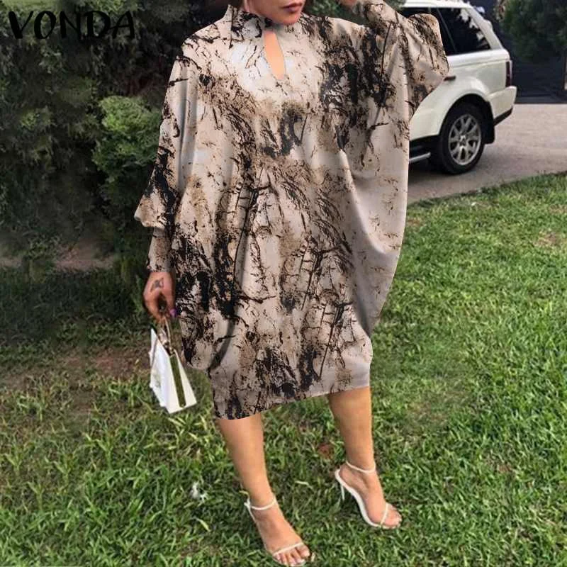 

Spring Midi Dress VONDA 2022 Women Vintage Printed Party Dress Elegant Bat-Sleeve Vestidos Oversized Sundress Robe Femme