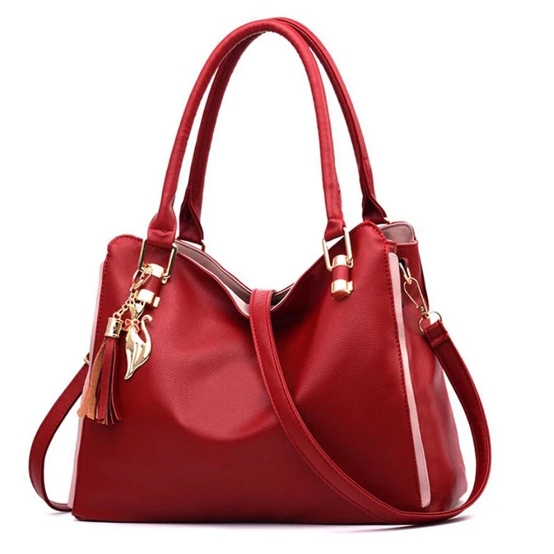 

Large Capasity Leather Bag for Women Simple temperament handbag tassel Crossbody Bags Shoulder Bags Cartoon hanging