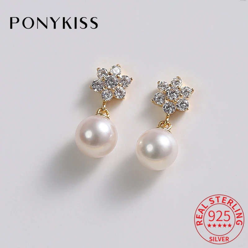 

PONYKISS 100% S925 Sterling Silver Star Zircon Pearl Stud Earrings For Fashion Women Party Cute Accessory Gift Drop Shipping