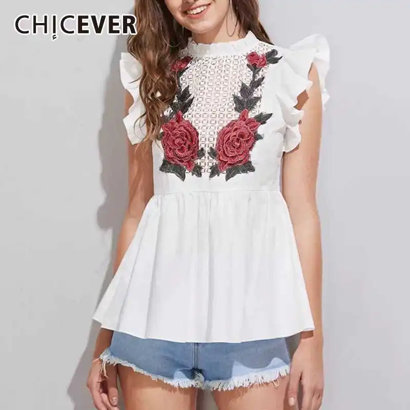 

CHICEVER Floral Embroidery Women's Shirt Blouse Top Female Stand Collar Sleeveless Loose White Blouse Casual Fashion Clothes New
