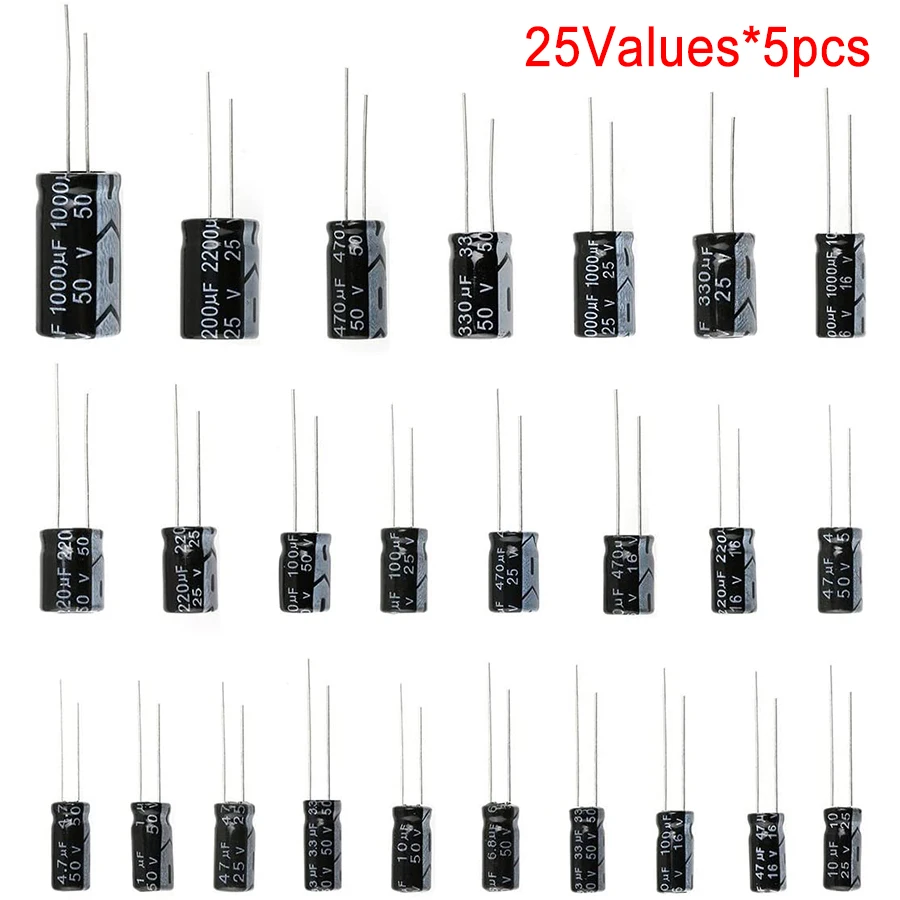 

125PCS/lot 25 Values Aluminum Electrolytic Capacitor Set Kit 16V 25V 50V 1uF-2200uF Capacitors Assortment 1000UF 470UF 100UF
