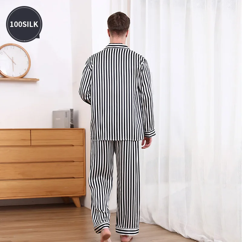 19 mm 100 mulberry silk striped men's pajamas set long-sleeved 100 mulberry silk sleepwear for men