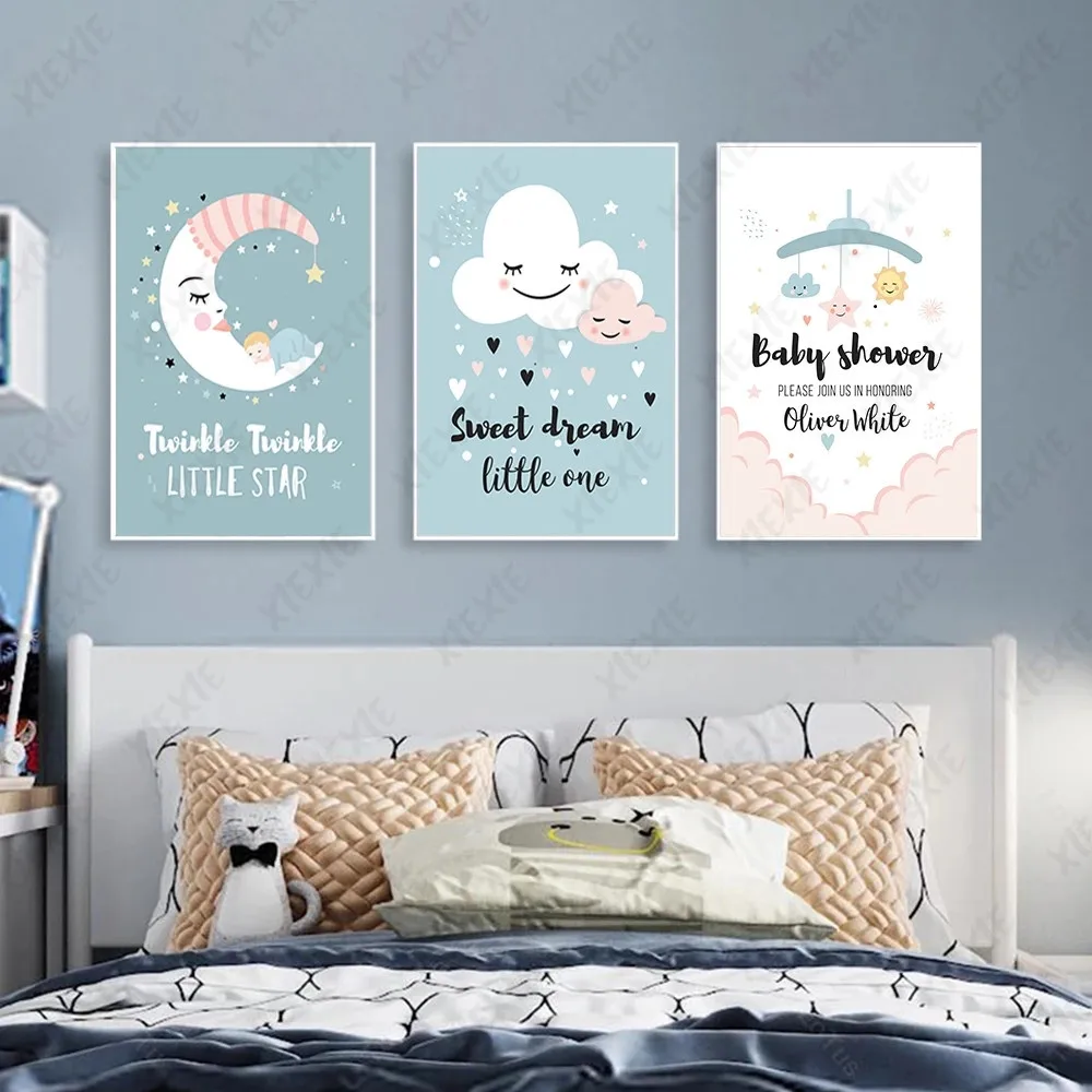 

Nursery Cartoon Canvas Painting Moon Clouds Stars Poster Art Good Night Wallpaper and Print Picture Craft for Baby Room Decor