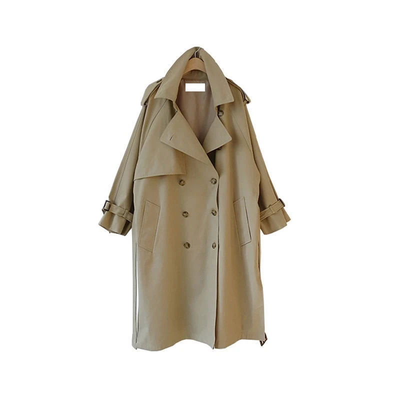 

YOSICIL Women Double Breasted Solid Long Trench Batwing Long Sleeve Straight Coat Bandage Elegant Windbreaker Korean Outwear