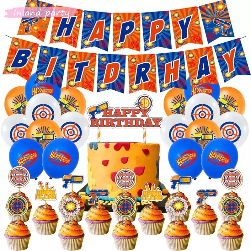 

1set Dart War Balloons Nerf Series Blasters Theme Happy Birthday Banner Decoration Dart War Party Fovor Cake Topper Kids Toy