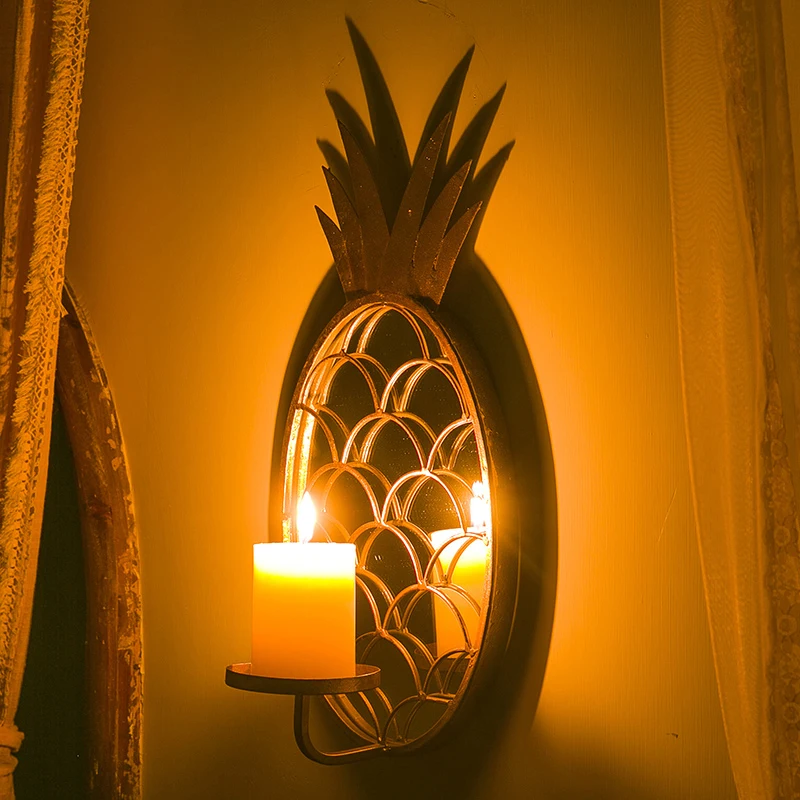 

Nordic Handmade Wall Candle Holder Mirror Metal Gold Pineapple Shape for Living Room Stair Entryway