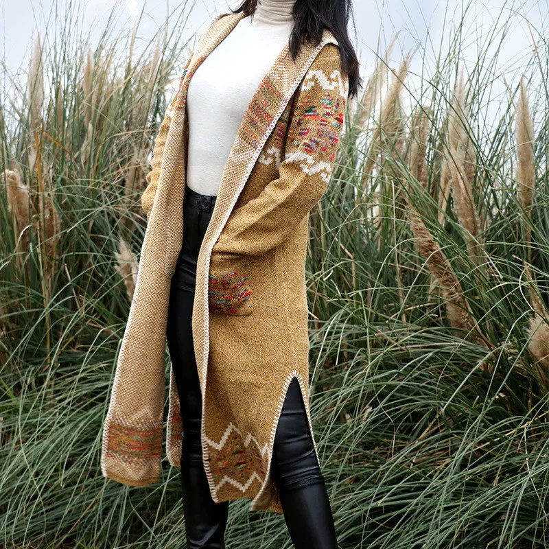 

Autumn Winter Korean Thick Knit Sweater New Retro Print Long Loose Knitted Cardigan Top Outer Wear Lazy Sweater Jacket JD1845