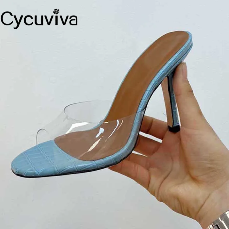 

Женские мюли Cycuviva из прозрачного ПВХ на высоком каблуке, летние шлепанцы с открытым носком, модельные праздвечерние чные Туфли-желе, женски...