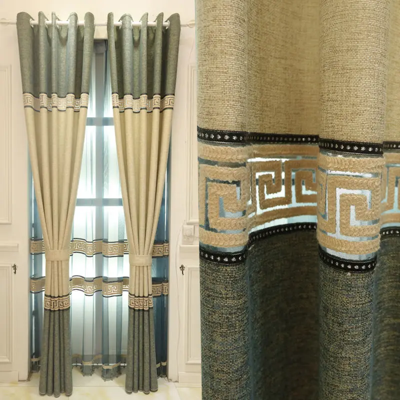 

Thick Linen Window Curtain Stitching Fabric Finished Curtains For Bedroom Living Room Chinese Style Coffee Color Blue Curtain