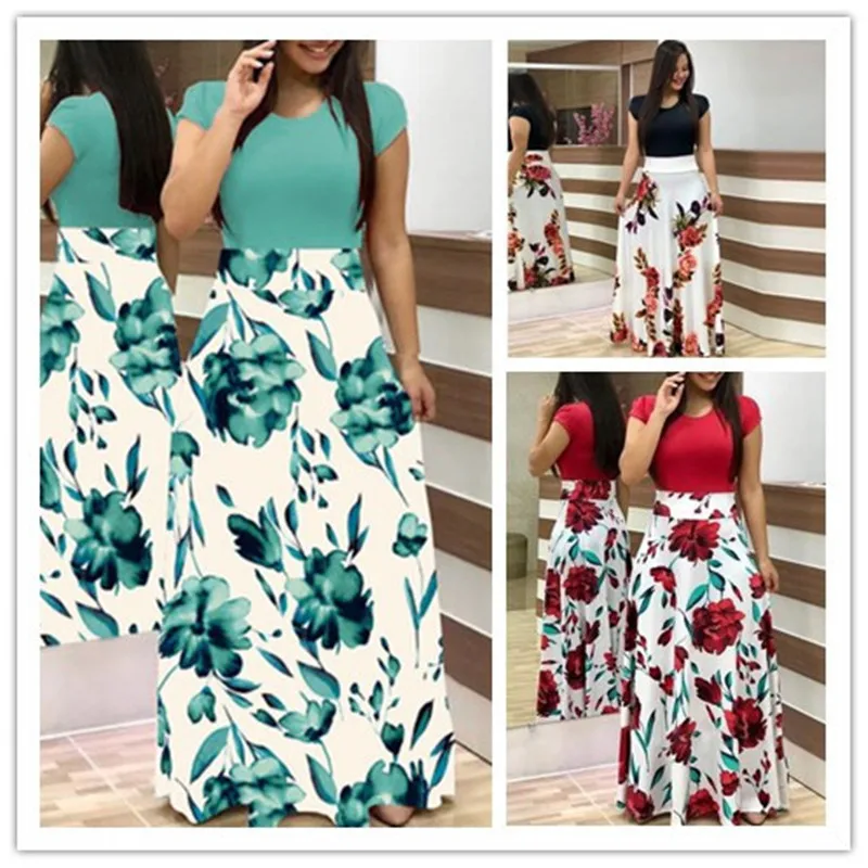 

2021 New Maxi Dresses Plus Size Women's Summer Print Stitching Flower Casual Fashion Long Dress Bodycon Elegant Lady Vestidos