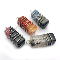 1pcs agate pendant fashion necklace charms diy jewelry making accessories copper wire winding rectangle colorful natural stone