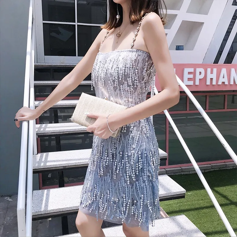 2020 Summer New Women Bling Crystal Tassel Party Dress Elegant Ladies Sexy Off Shoulder Pearls Strap Sleeveless Mini | Женская одежда