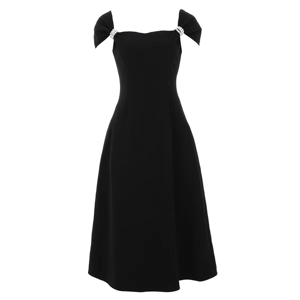 

Runway Summer elegant Square collar Black Dress 2020 Fashion Women Beading Short sleeve Chic Female Slim Midi party Dress