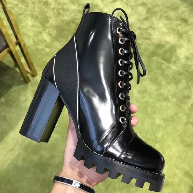 

Женские ботинки, модные Ботильоны на каблуке, кожаные короткие ботинки, роскошная Брендовая женская обувь, ботинки на массивном каблуке, же...