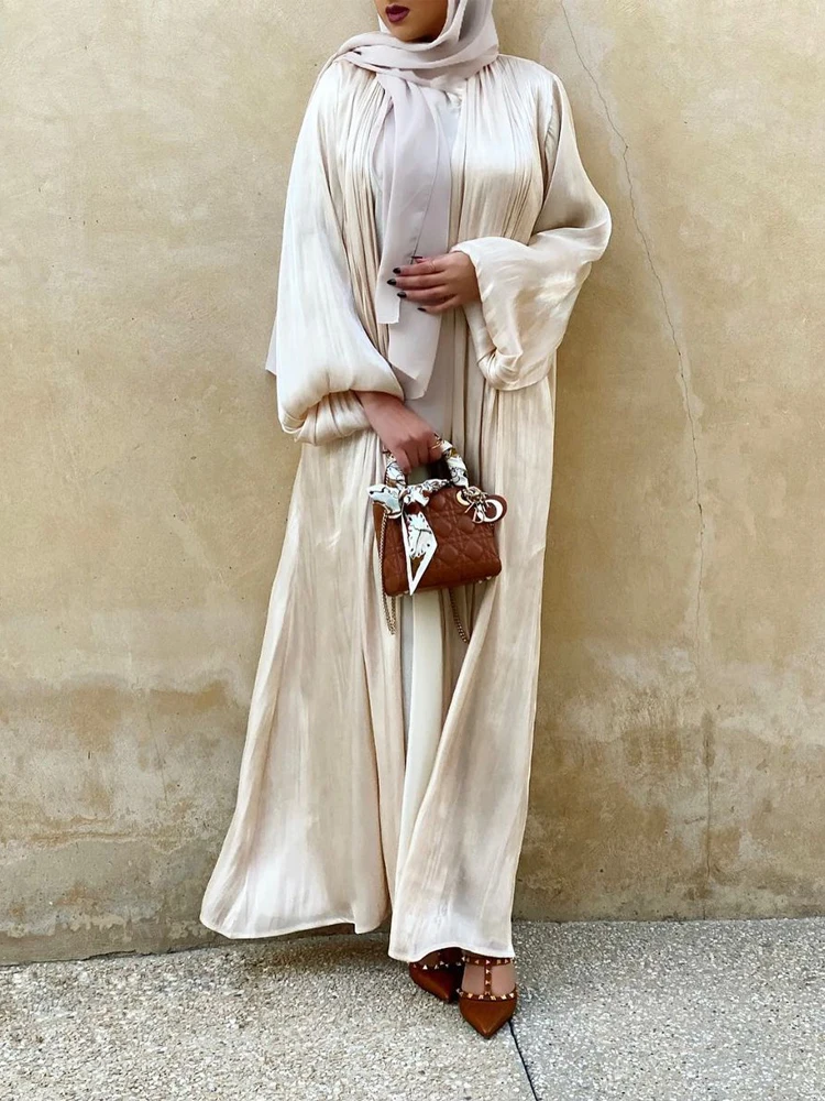 

Eid 2021 Summer Women Kimono Open Abaya Dubai Imitated Silk Fabric Islamic Arabic Muslim Hijab Dress Plain Duster Cardigan Coat