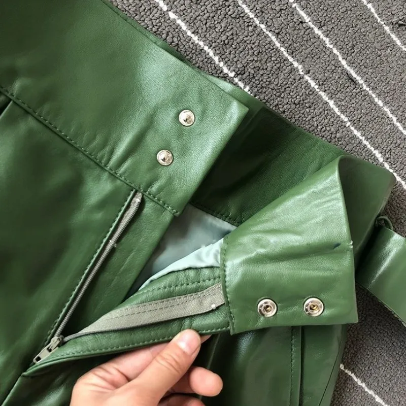 Autumn Sheepskin Short Women High Waist A-Line Real Leather Wide Legged Shorts Casual Fashion Designer Sashes Push Up Hotpants