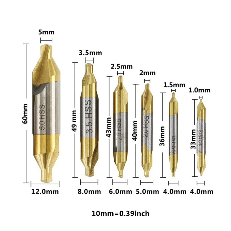 

6pcs 1.0-5.0mm HSS TiN Coated Center Drill Bit Set Metalworking Hole Drill Hole Cutter 60 Degrees Combined Drill Bit Set LX0D
