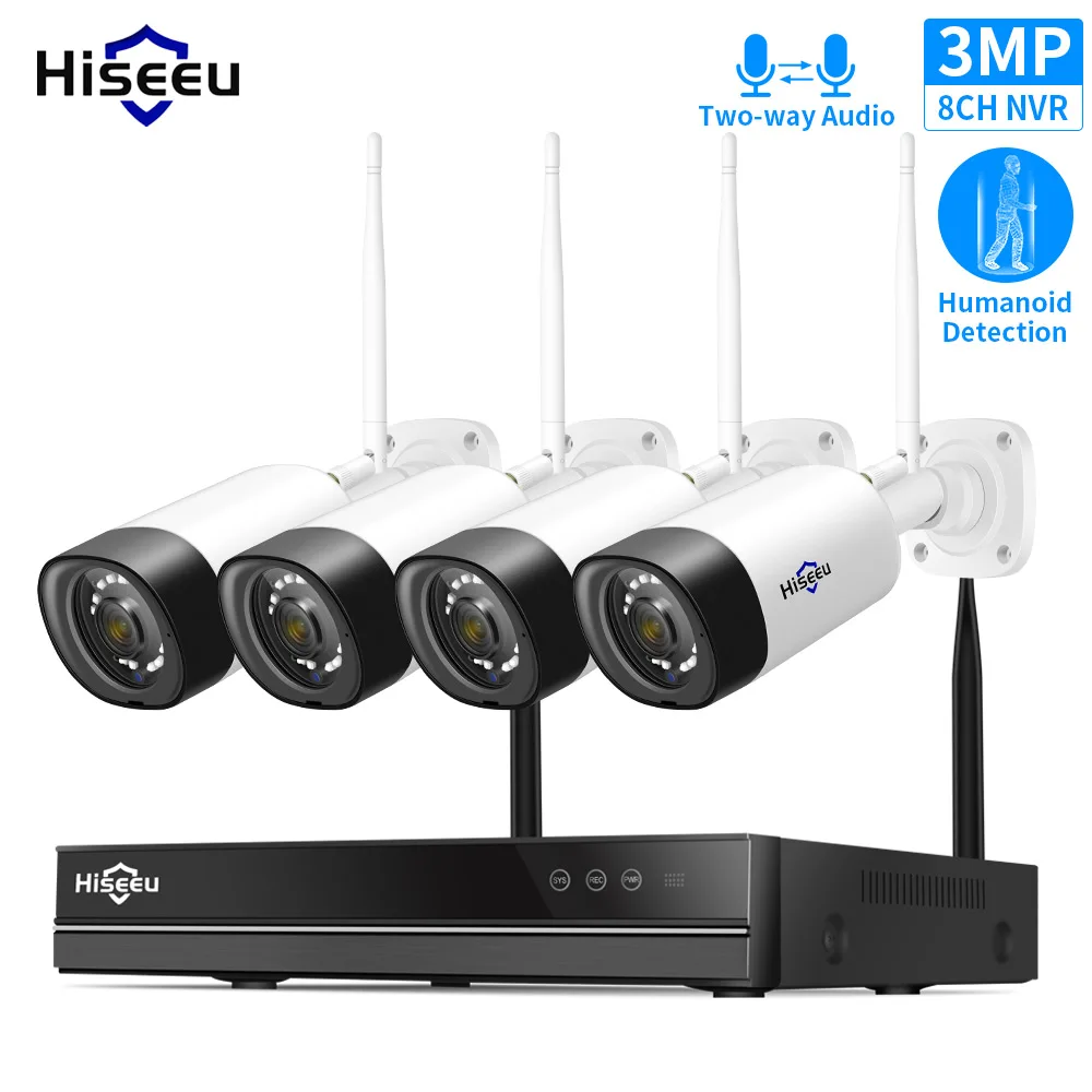 hiseeu wireless 8ch 4pcs 3mp two way audio security ptz 5x digital zoom outdoor bullet wifi ip cameras waterproof cctv kit free global shipping