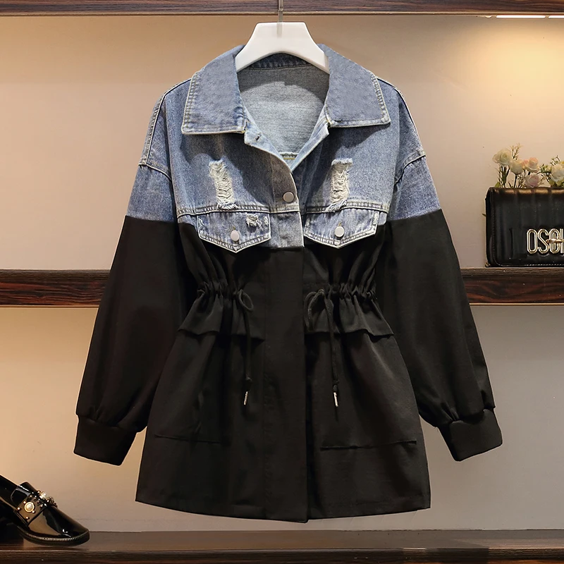 4XL Осенняя Новая модная длинная джинсовая куртка ветровка с дырками|Женские
