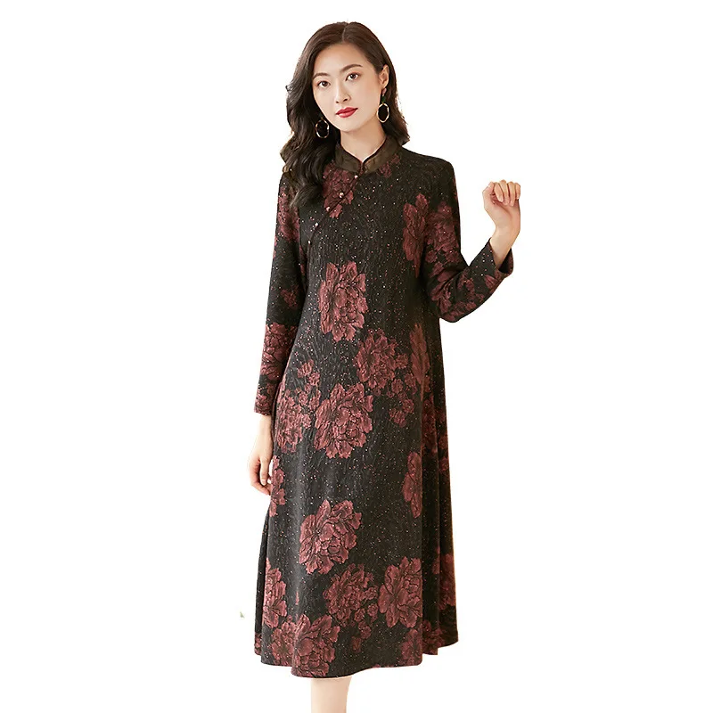

Spot fashion autumn retro style women's clothing collage loose waist long sleeve stand collar A-line dress dress