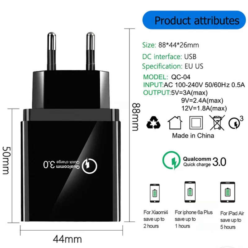 Зарядное устройство QC 3 0 USB для телефона iPhone 11 pro max X 8 7plus se 5s 6s XS быстрое настенное