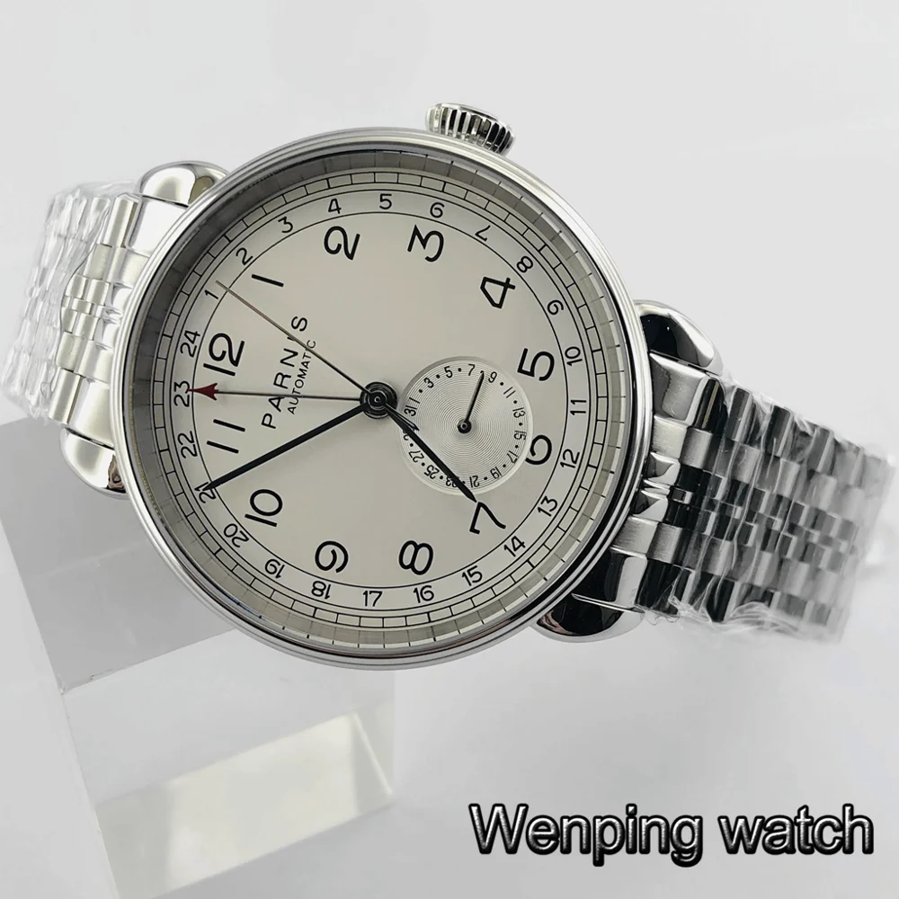 Мужские автоматические механические часы Parnis 42 мм серебристые деловые из