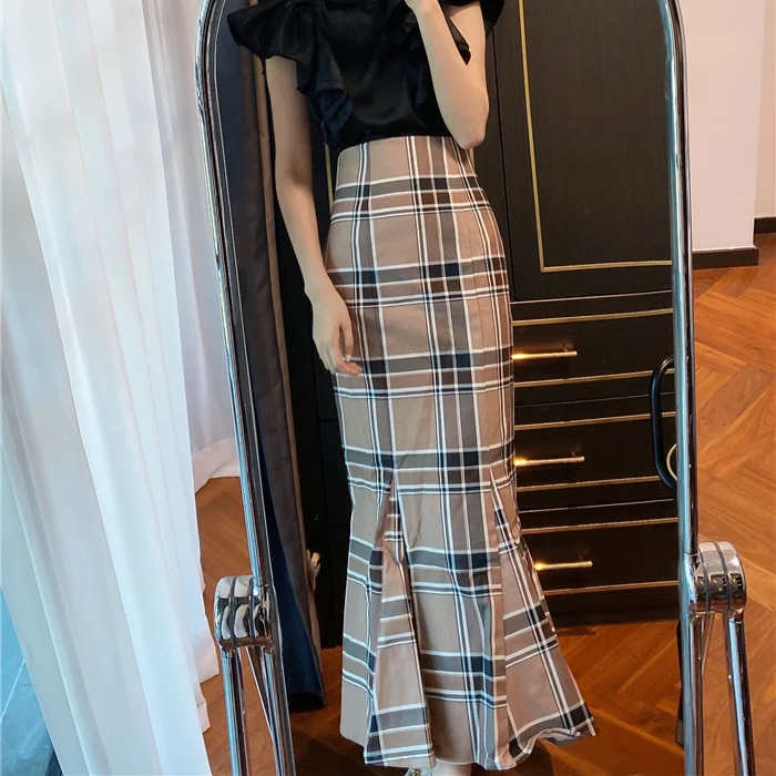 

Party Club Split Mermaid Plaid Skirts Woman High Waist All Match Autumn Long Jupe New Fall Elegant Trumpet Skirt 2021