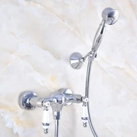 polished chrome brass wall mounted bathroom hand held shower head faucet set mixer tap dual ceramics handles levers mna780