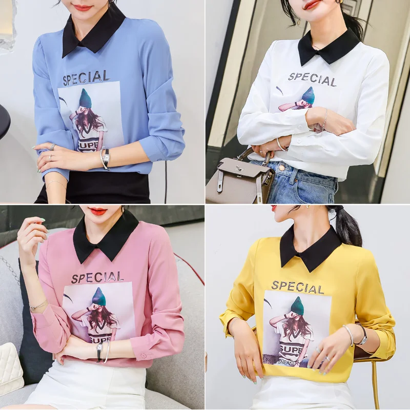 

Autumn 2021 Casual Chiffon Women Blouses Long Sleeve Peter Pan Collar Printing Cute Fashion Women Clothing Women Tops 5701 50