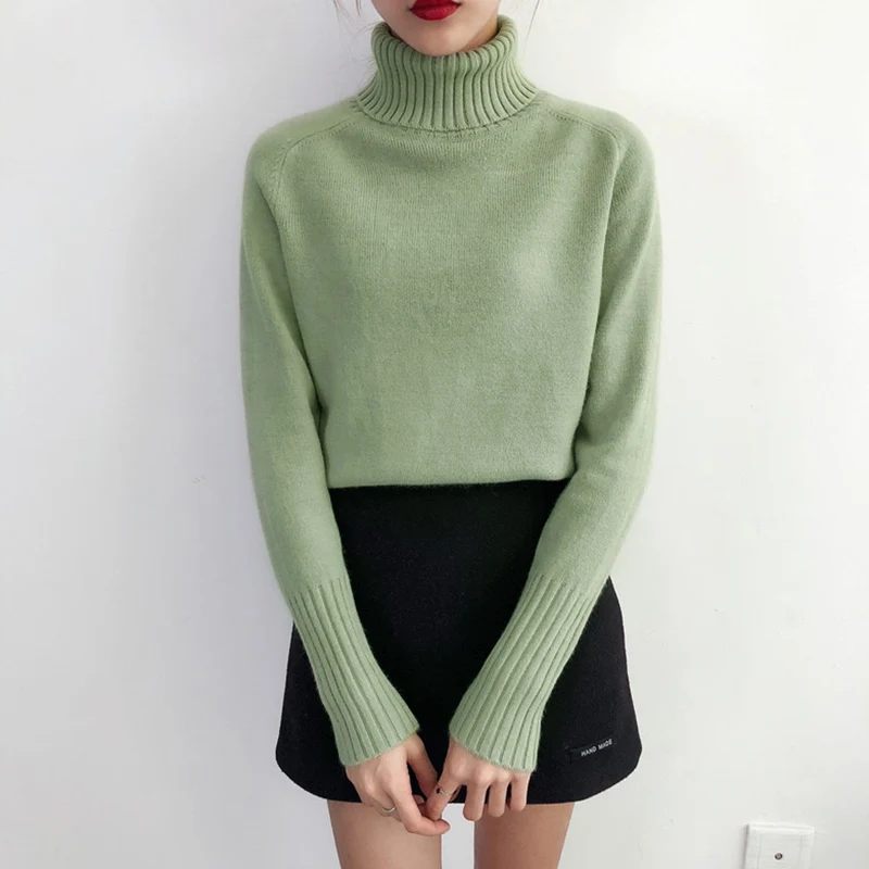 

2022 Cashmere Knitted Sweater Women 2021 Autumn Winter Korean Turtleneck Long Sleeve Pullover Female Jumper Green Knitwear