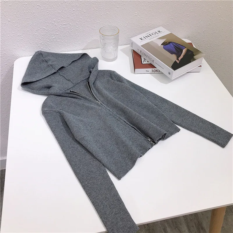 

Black Hooded Cardigan Jacket Female New Spring and Autumn Aipper Sweater Slim Long Sleeve Tops Women Knit Cardigans NS2025