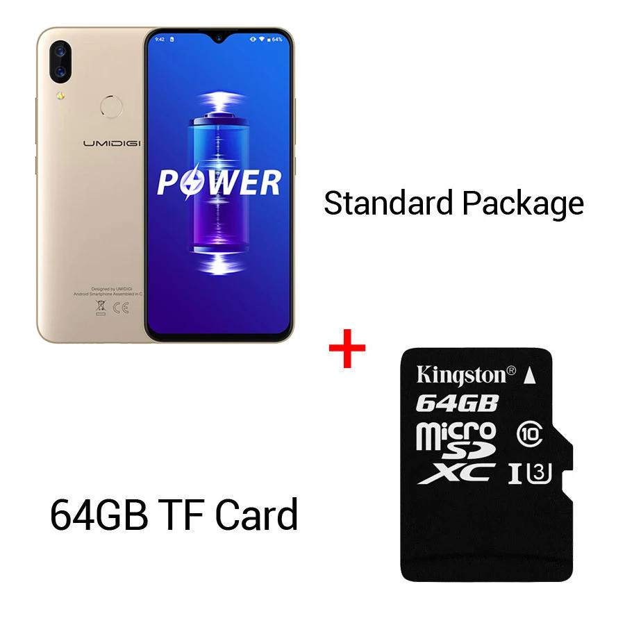 UMIDIGI power Android 9,0 5150 мАч большая батарея 18 Вт 6,3 'FHD+ экран капли воды 4 Гб+ 64 Гб Helio P35 глобальная версия смартфона 16 МП - Цвет: Gold  n 64GTF Card