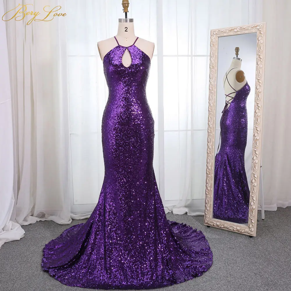 Purple BeryLove Модные фиолетовые Вечерние платья с блестками Длинные вечерние платья с открытой спиной Женские Элегантные вечерние сексуальные платья на выпускной - Цвет: Purple